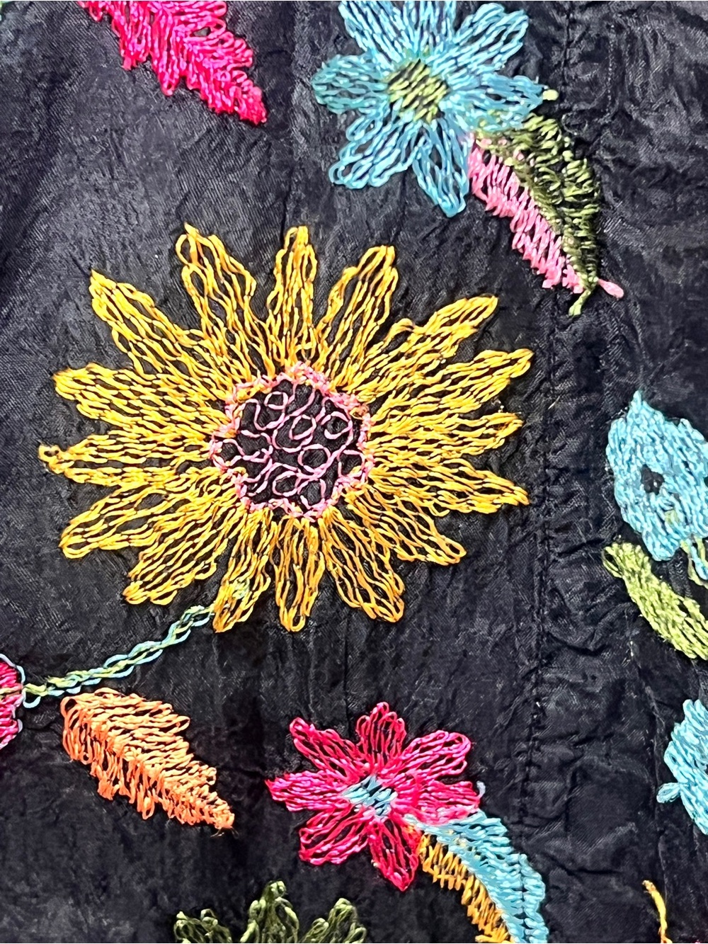 Ohm Hand Embroidered Floral Duster Coat Black Silk Lace Trim Boho Art Wear Rare - Picture 7 of 8
